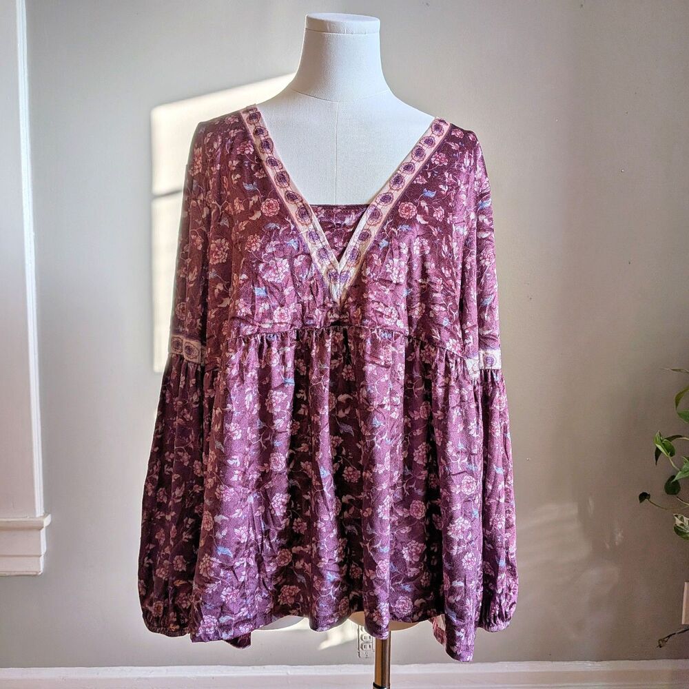 Luuske Velvet Top Babydoll Peasant Floral Bishop Sleeve Cottagecore Plus Size 2X